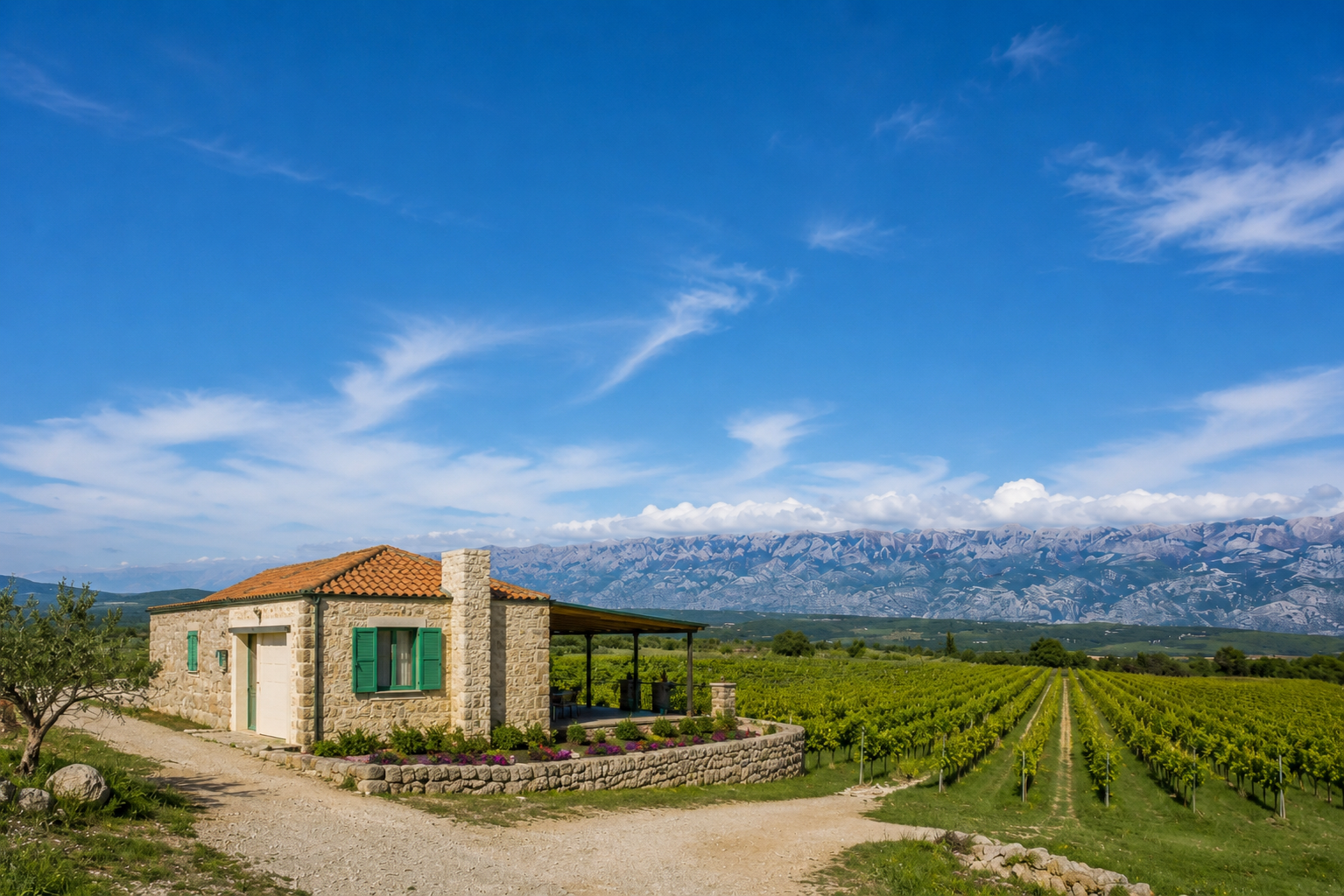 Stone house with vineyards and Velebit mountain under a blue sky